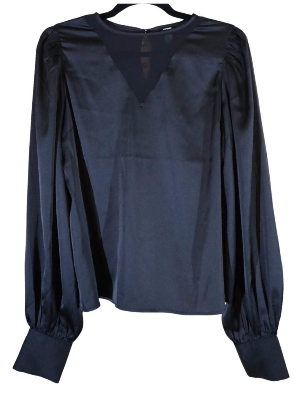 EXPRESS Black Satin Balloon Sleeve Blouse Mesh V-Neck Yoke Top M Like New